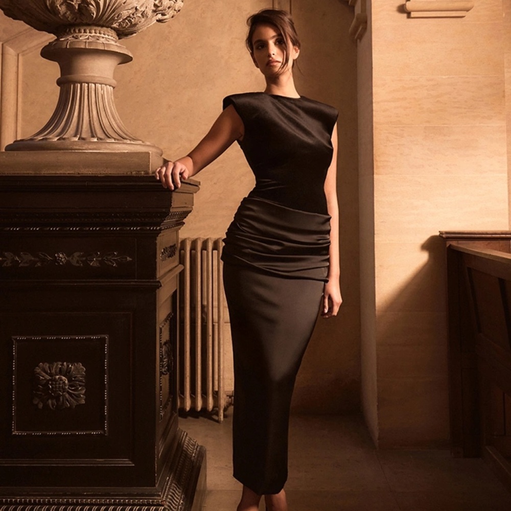 BRAND NEW PLT LABEL BLACK VELVET EXTREME SHOULDER RUCHED SATIN MIDAXI DRESS 4